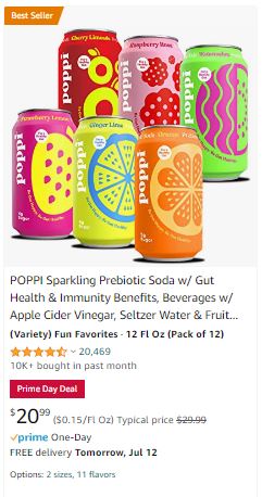 Screenshot of Poppi Prebiotic Soda listing on Amazon Prime Day