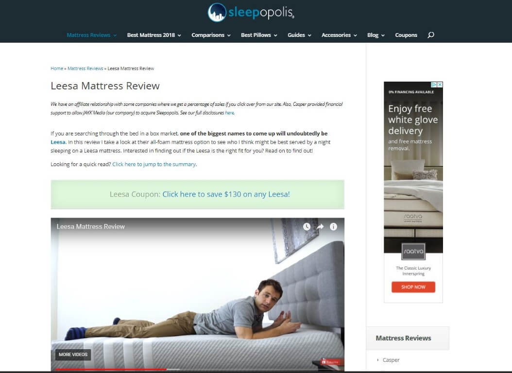 sleepopolis leesa mattress review website influencer marketing cpc strategy