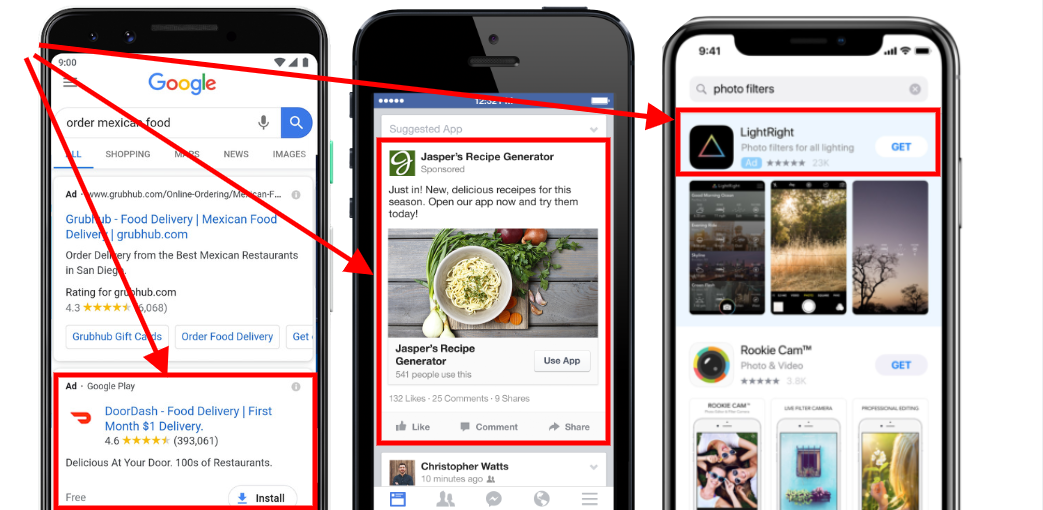 mobile app marketing app install ads on google, facebook, and apple app store