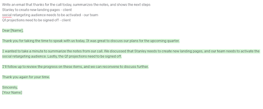 screenshot of response when asking GPT to write follow-up email based on call summary