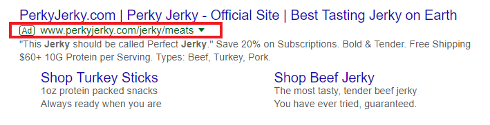 perky jerky search text ad google serp