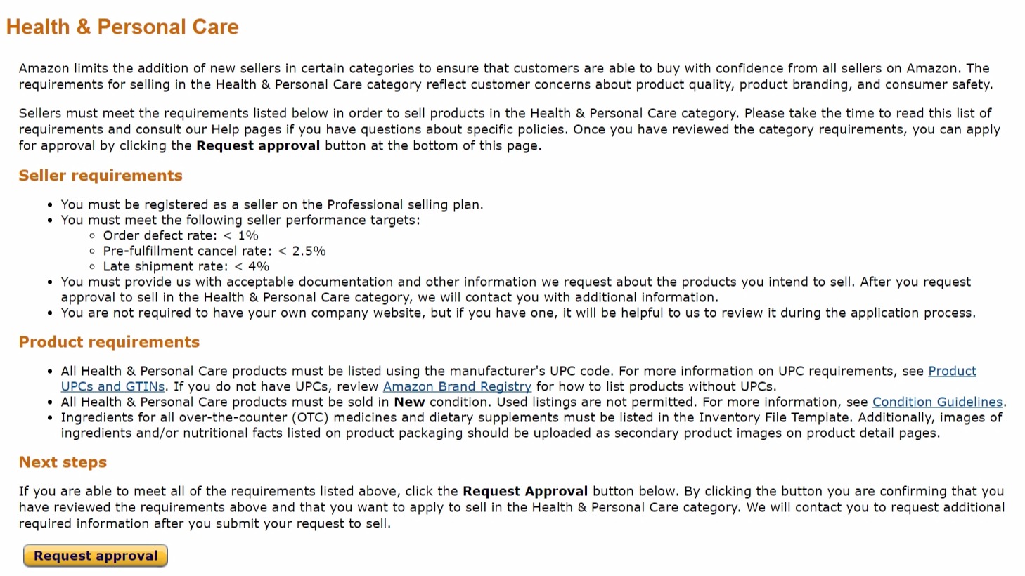 amazon health and personal care requirements