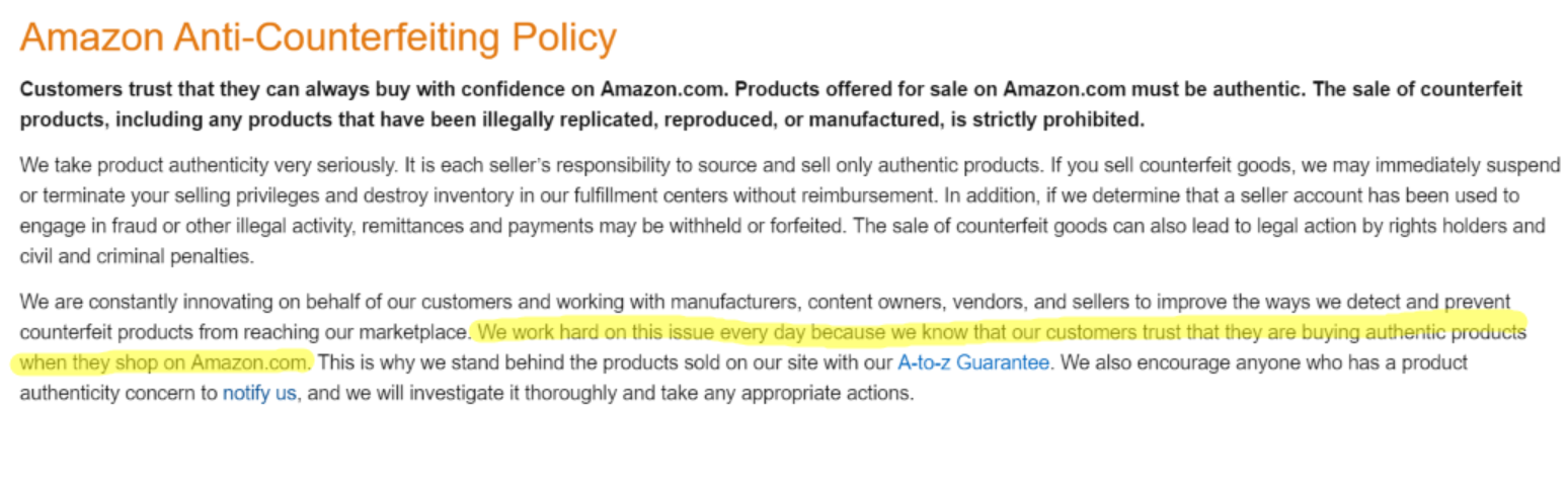 amazon counterfeit policy