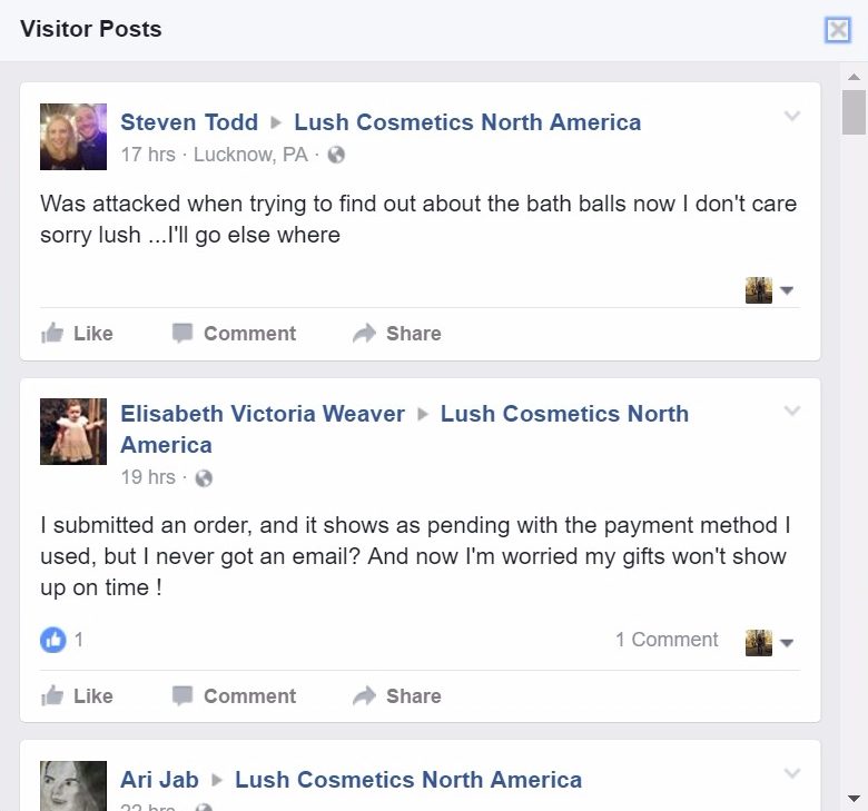 customer feedback on lush cosmetics facebook reviews