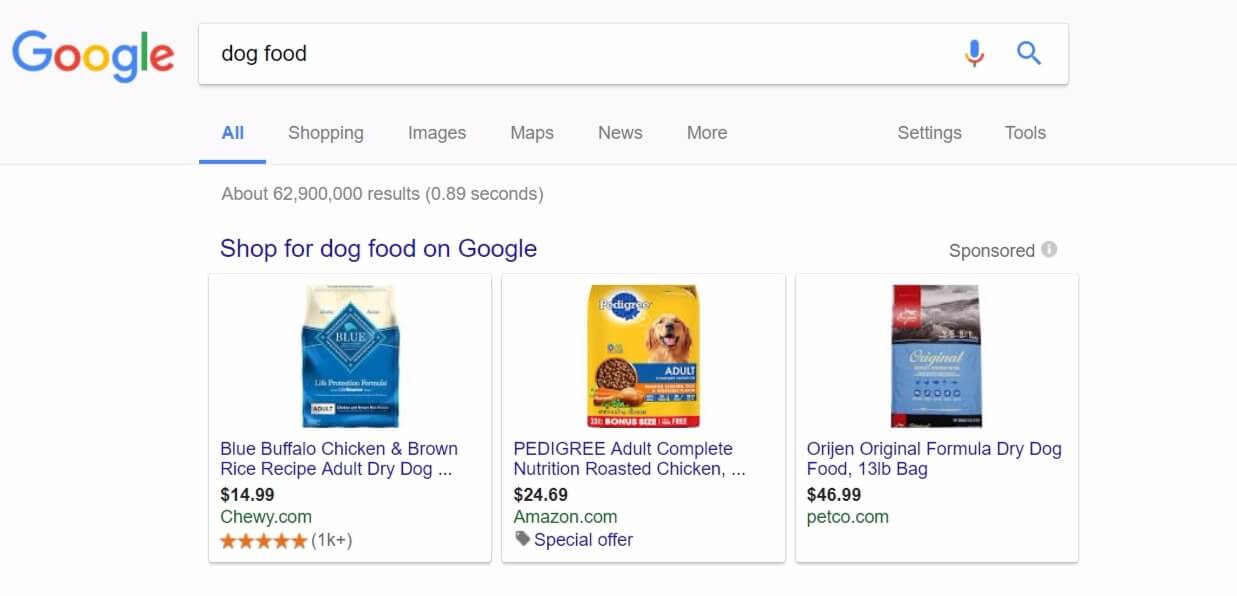 amazon dog food google shopping listing