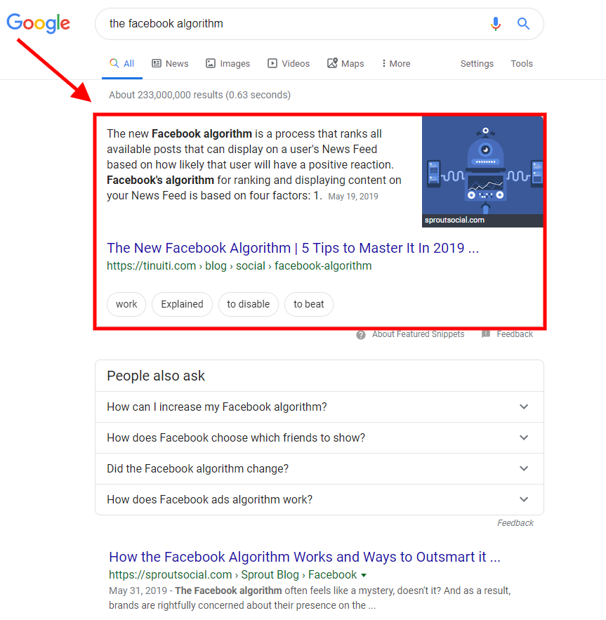 search results rich snippet example for facebook algorithm