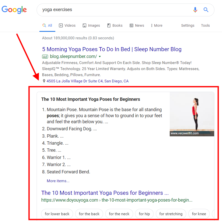yoga exercises featured snippet