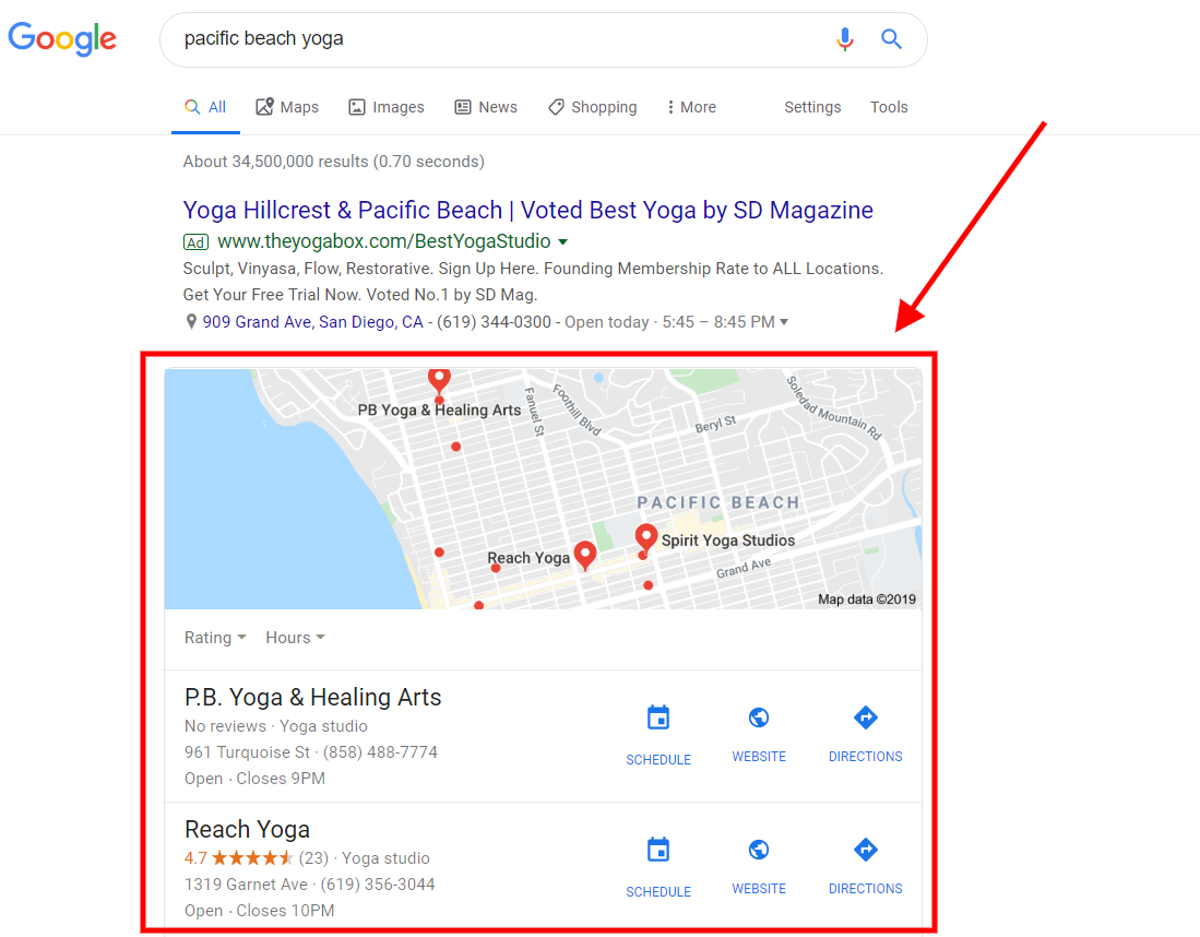 yoga classes in pacific beach local results snippet