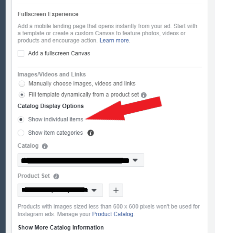 show individual items facebook dynamic ads categories