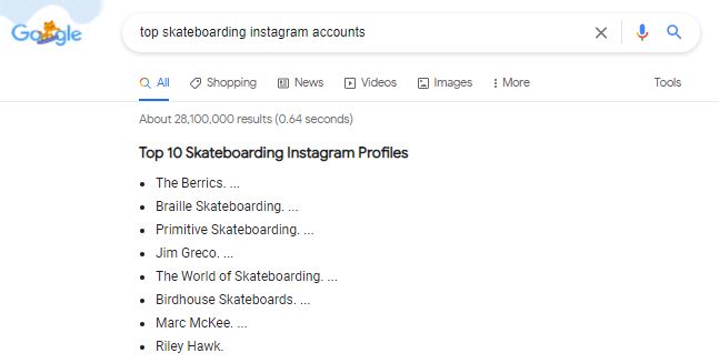 Top skateboarding instagram accounts google search result