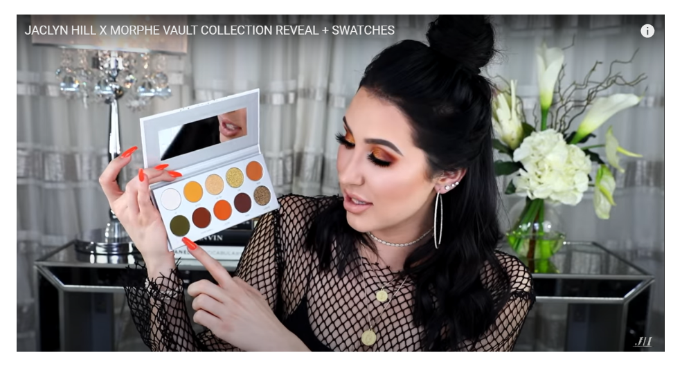 Influencer Jaclyn Hill showing her palette of Morphe eyeshadow