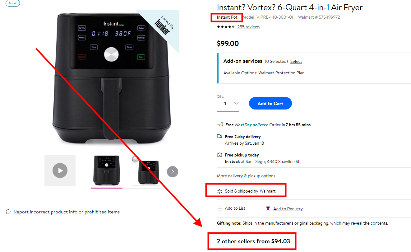 Walmart.com product page with buy box feature highlighted