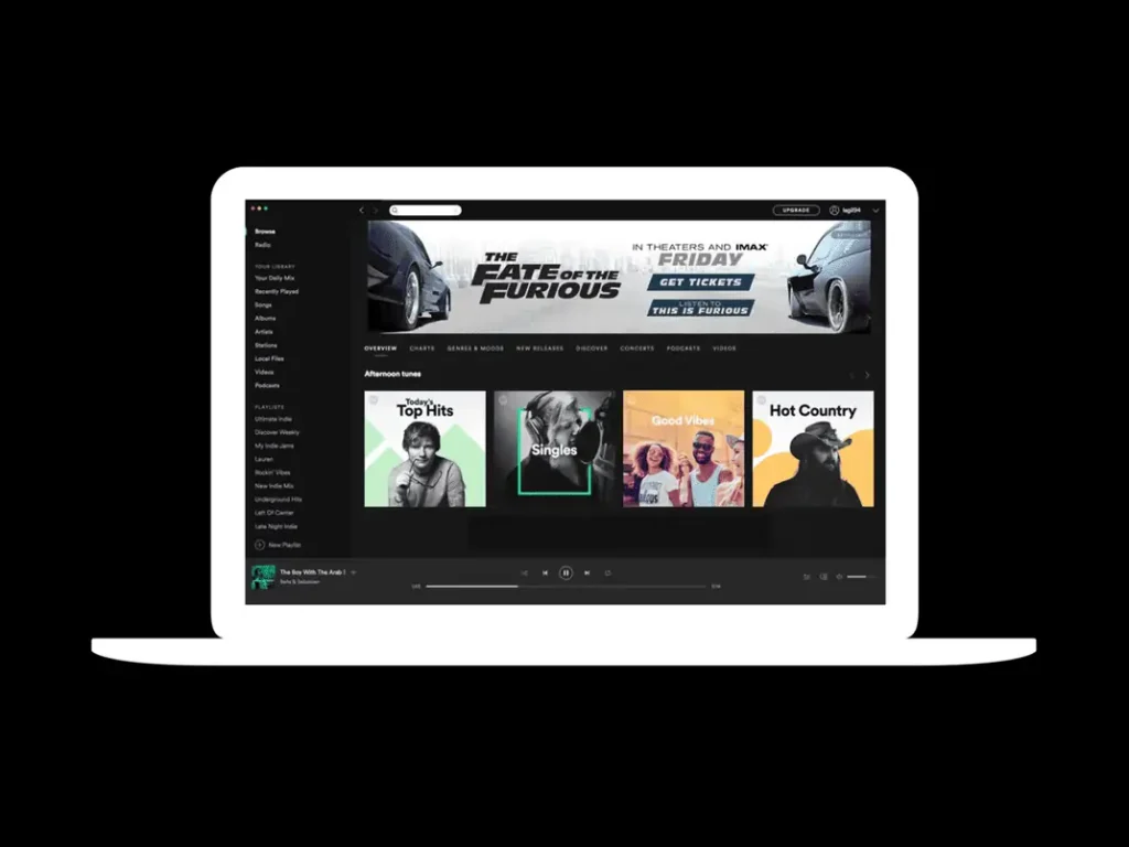 example of a Spotify homepage takeover ad for Fate of the Furious on a desktop