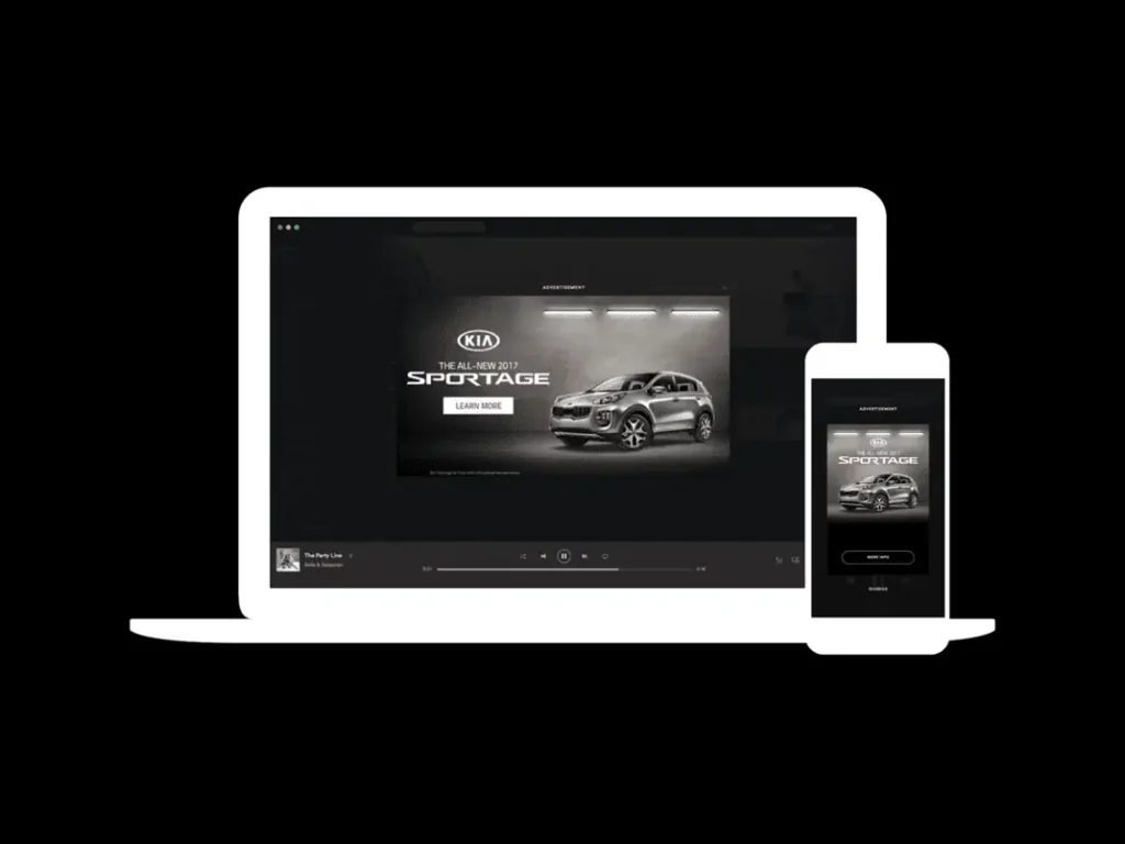 example of a Spotify overlay ad for Kia Sportage shown on a desktop and mobile device