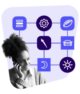 woman on phone in front of icons