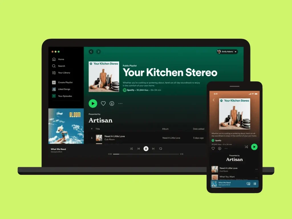 example of a Spotify Sponsored Playlist ad on desktop and mobile device