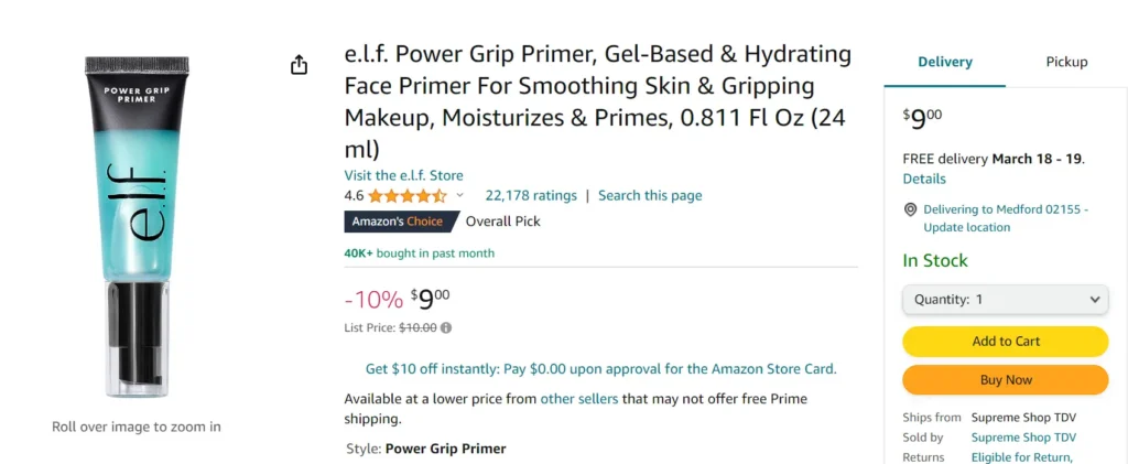 example of the amazon buy box for e.l.f. power grip primer