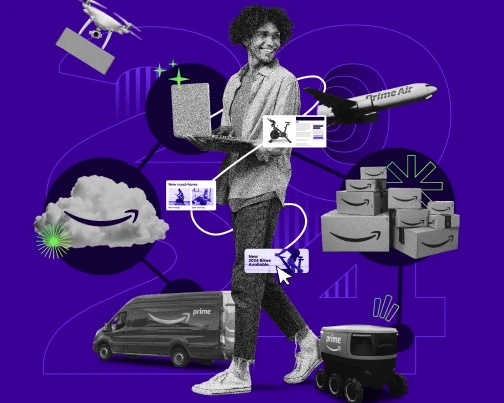 man smiling in front of Amazon graphics