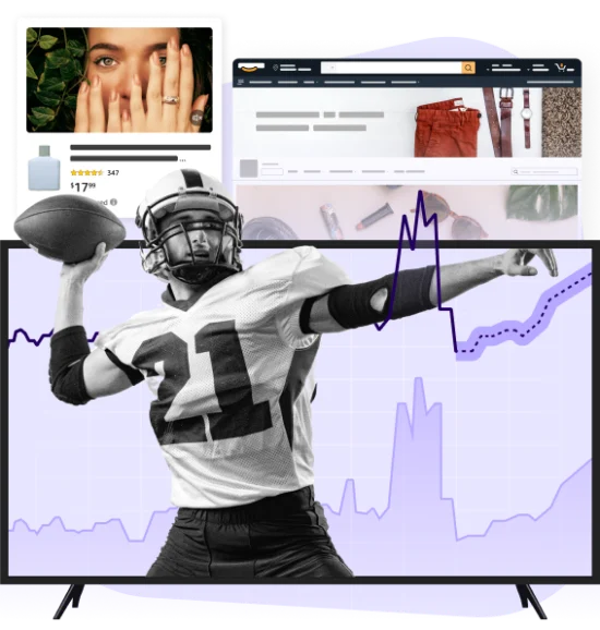 football player in front of TV and Amazon page
