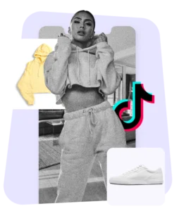 girl modeling in front of graphics and TikTok logo