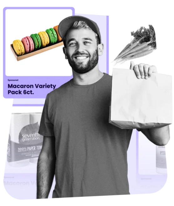 man smiling in front of food/beverage examples