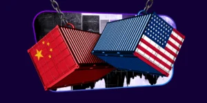 shipping container with american and flag of china depicting 2025 tariff escalation