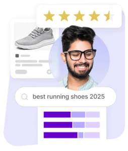 man smiling in front of review stars and search ad