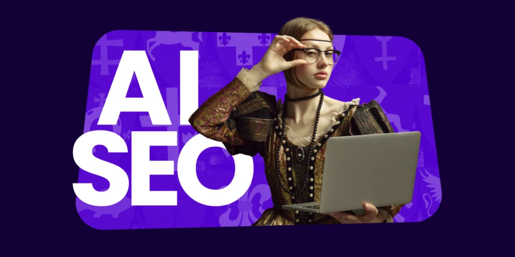 person on laptop with ai seo in background