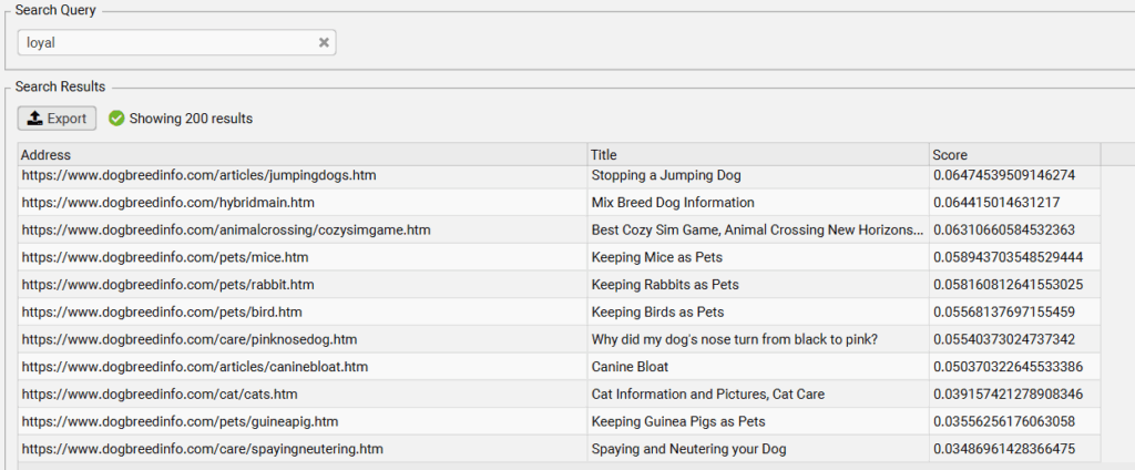 semantic search function in screamingfrog example