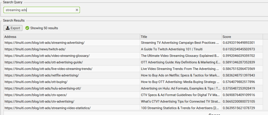 Example of using semantic search for internal linking opportunities