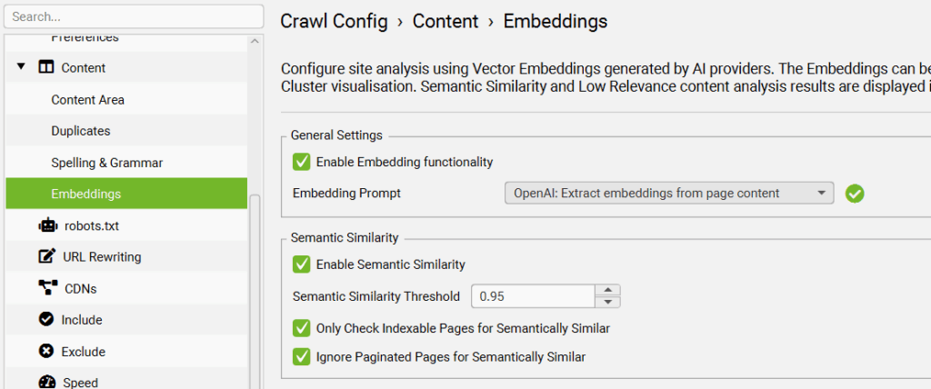 how to enable embeddings in screaming frog