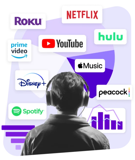 man in front of streaming, audio and tv logos