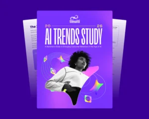 2026 AI trends report cover, featuring a girl in front of a graphic of AI logos