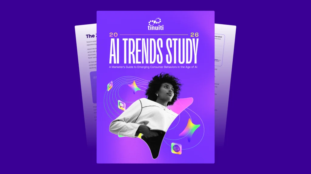 2026 AI trends report cover, featuring a girl in front of a graphic of AI logos