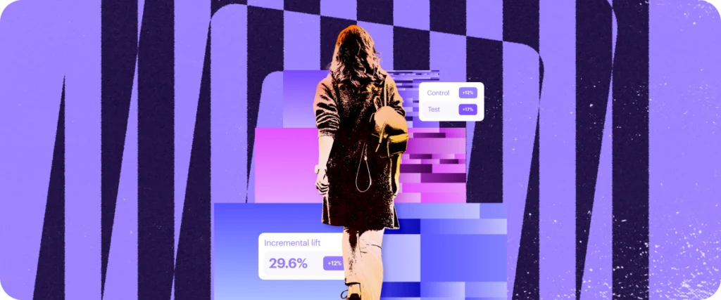 A woman walking in a artistic image with measurement metrics like '29.6% Incremental Lift"
