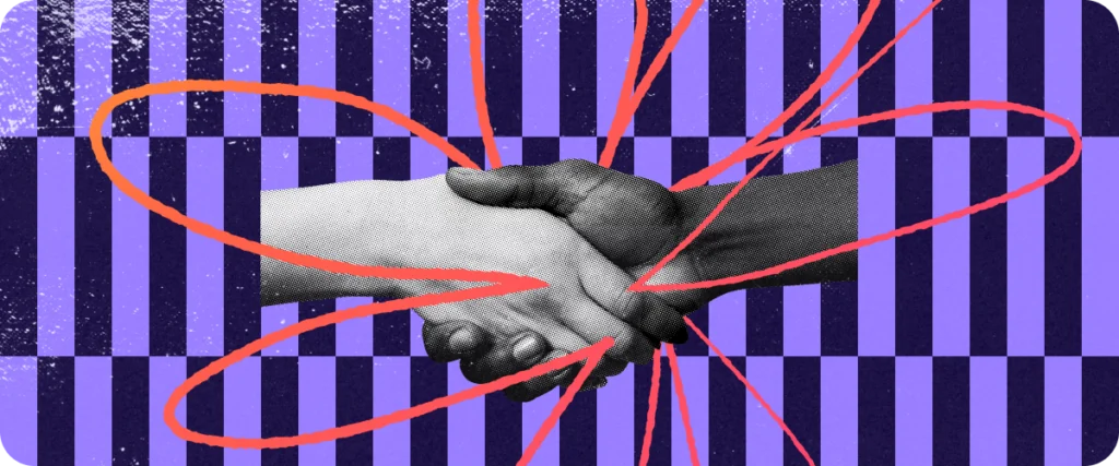 Two hands shaking with a graphic background.