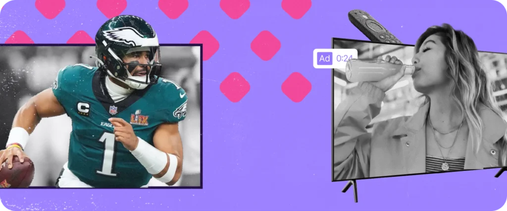 An Eagles football player and a super bowl ad on a graphic background.
