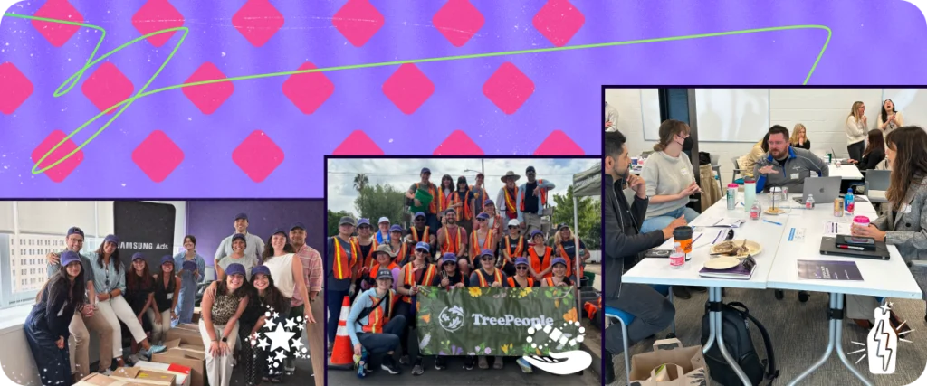 Different scenes of the Tinuiti team working together in the office, volunteering, and working with clients.