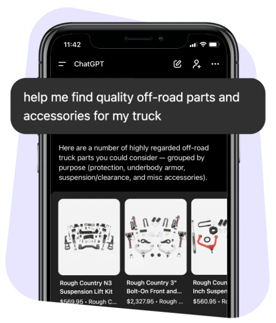 phone featuring chatGPT results of "help me find quality off-road parts and accessories for my truck"