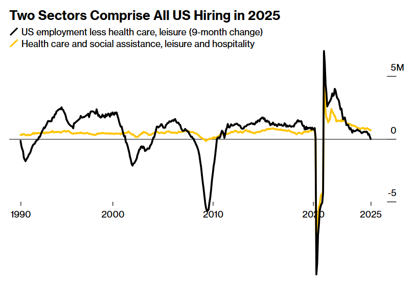Graph titled: Two Sectors Compromise All US Hiring in 2025