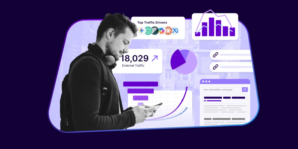 A man using a tablet with search-related diagrams, logos, and dashboards behind him