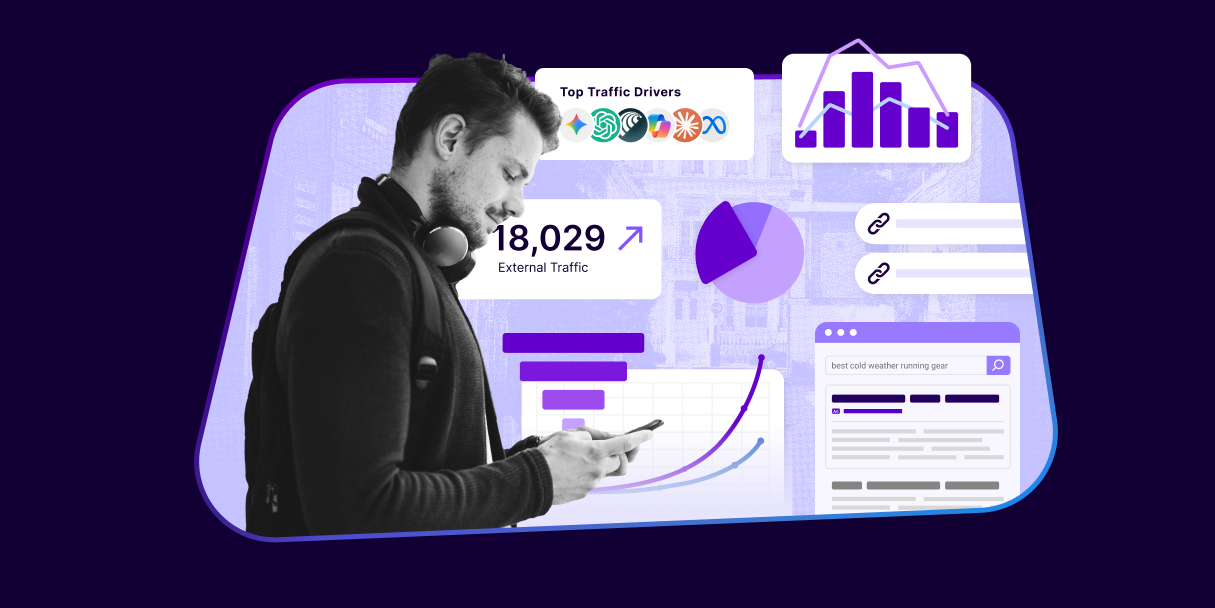 A man using a tablet with search-related diagrams, logos, and dashboards behind him