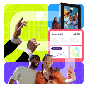 colorful collage featuring charts and people looking at a phone