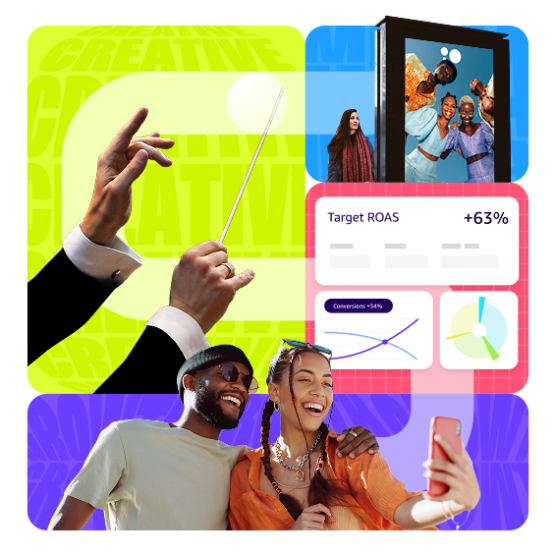colorful collage featuring charts and people looking at a phone