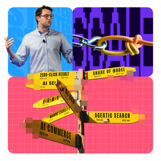 colorful collage featuring man speaking and sign pointing many directions