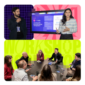 colorful collage featuring multiple images of speakers and a panel discussion