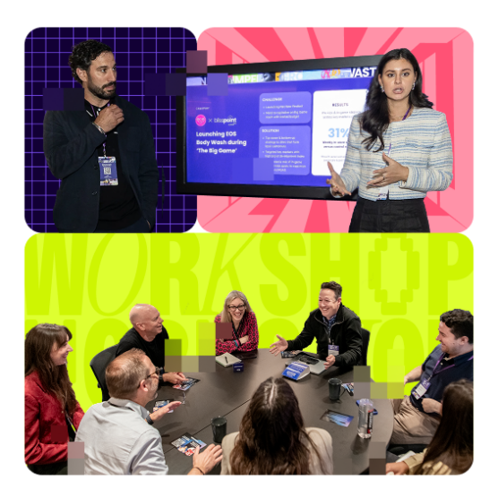 colorful collage featuring multiple images of speakers and a panel discussion