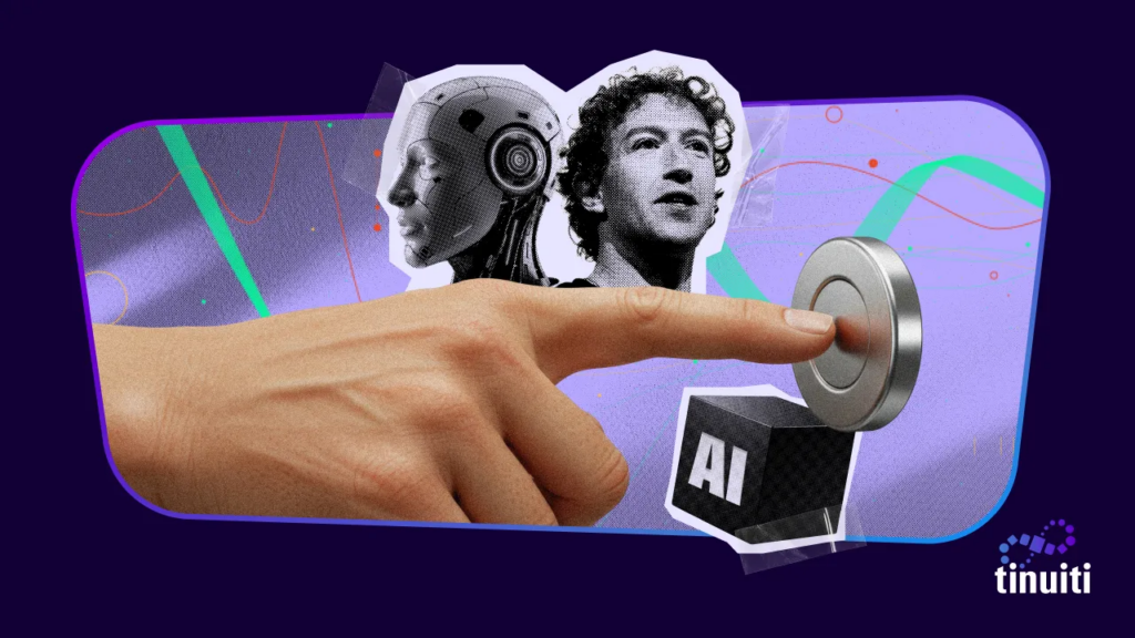 collage featuring a robot, man, box with AI on it, and hand pushing a button
