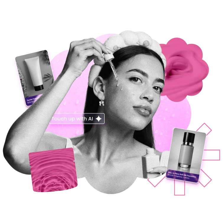 woman applying serum with additional beauty imagery surrounding her