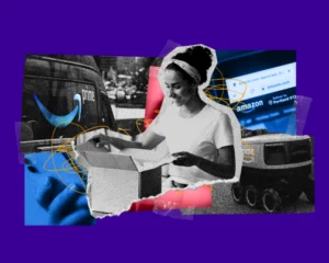 graphic of images showing woman opening Amazon box, an Amazon delivery truck, and Amazon's website